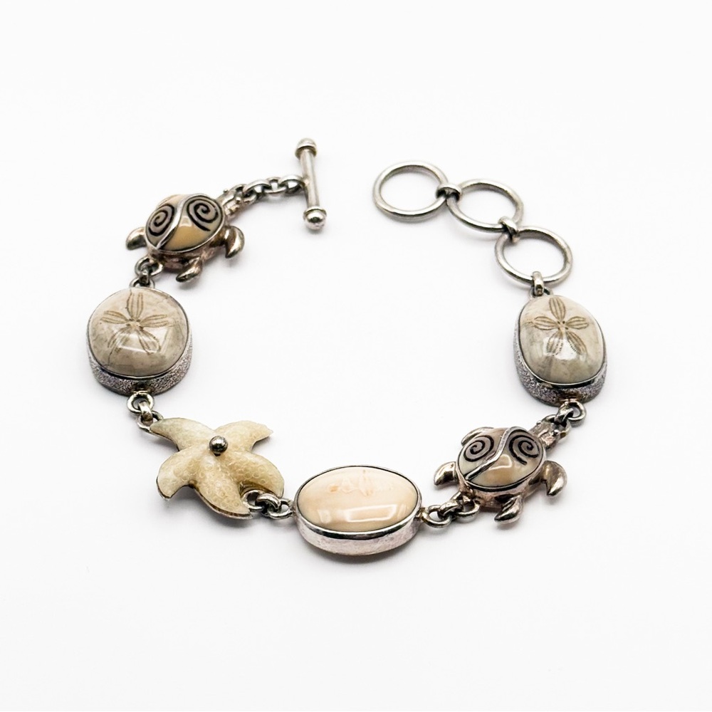 RARE! 🌊 Zealandia 🌊 Sterling Silver Fossil Sand Dollar and Ivory Turtle Bracelet - Picture 2 of 12